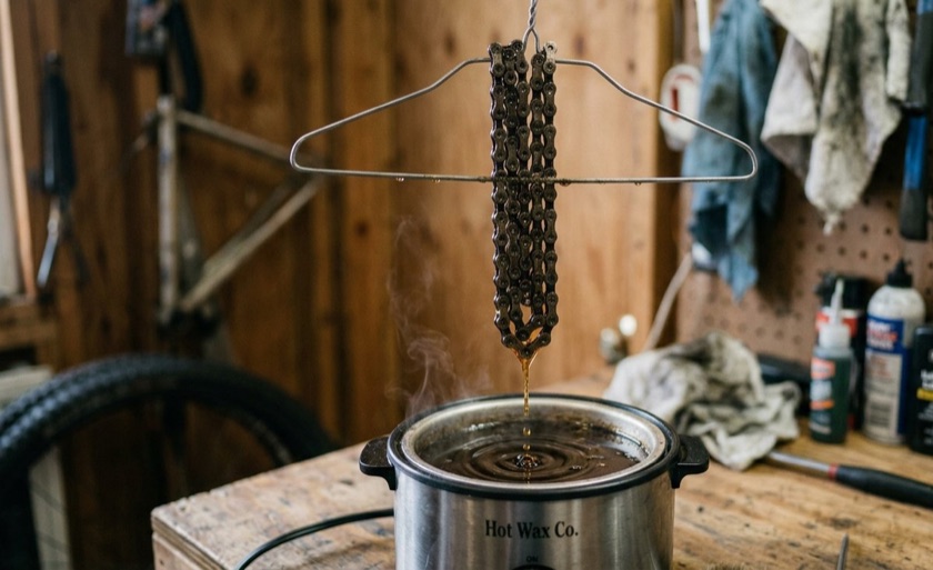 A chain held on a wire hanger above a compact wax pot, the lower run still dripping
