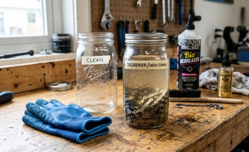 A new chain in a wide-mouth, sealed cleaning jar, with a second clean jar and gloves alongside