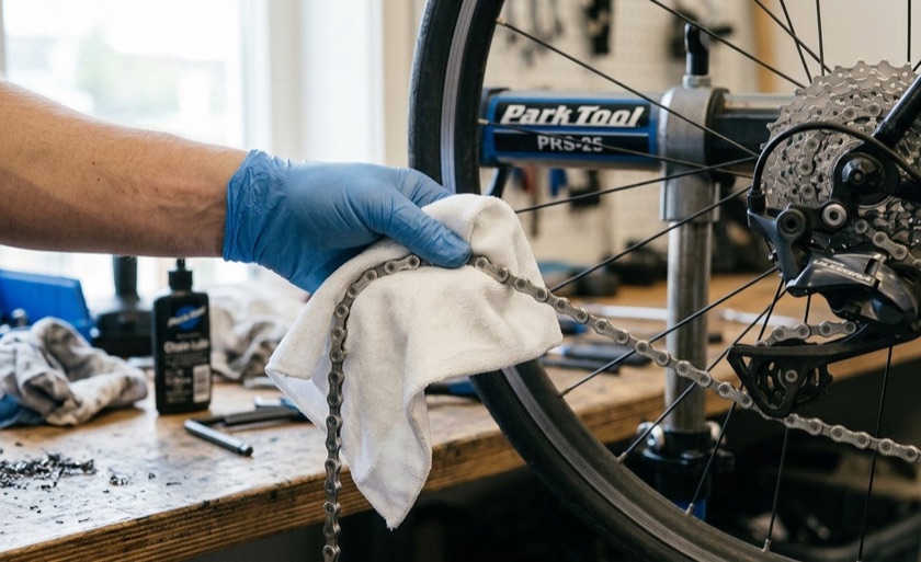 A clean cloth wiping a removed chain, with the cassette and derailleur pulleys behind